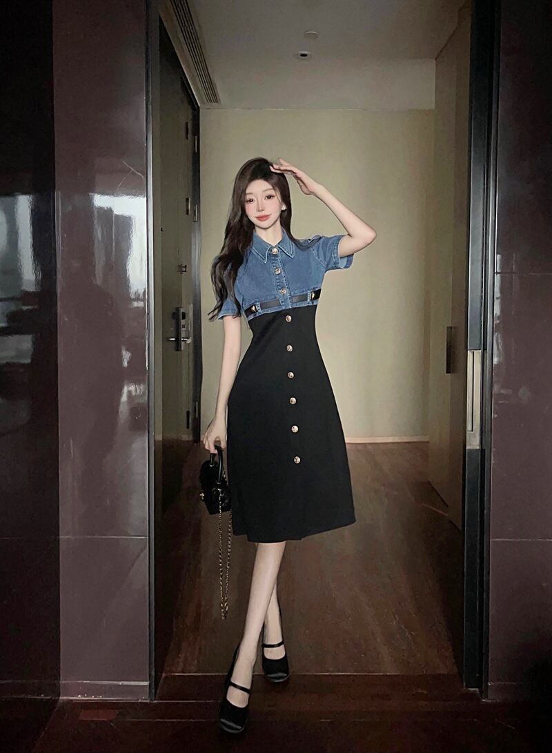 【dress】切り替えデニムAラインワンピース G21118