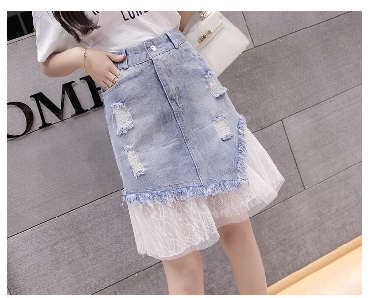 【bottoms】おすすめファッションレースハイウエスト切り替えゆったりデニムスカート