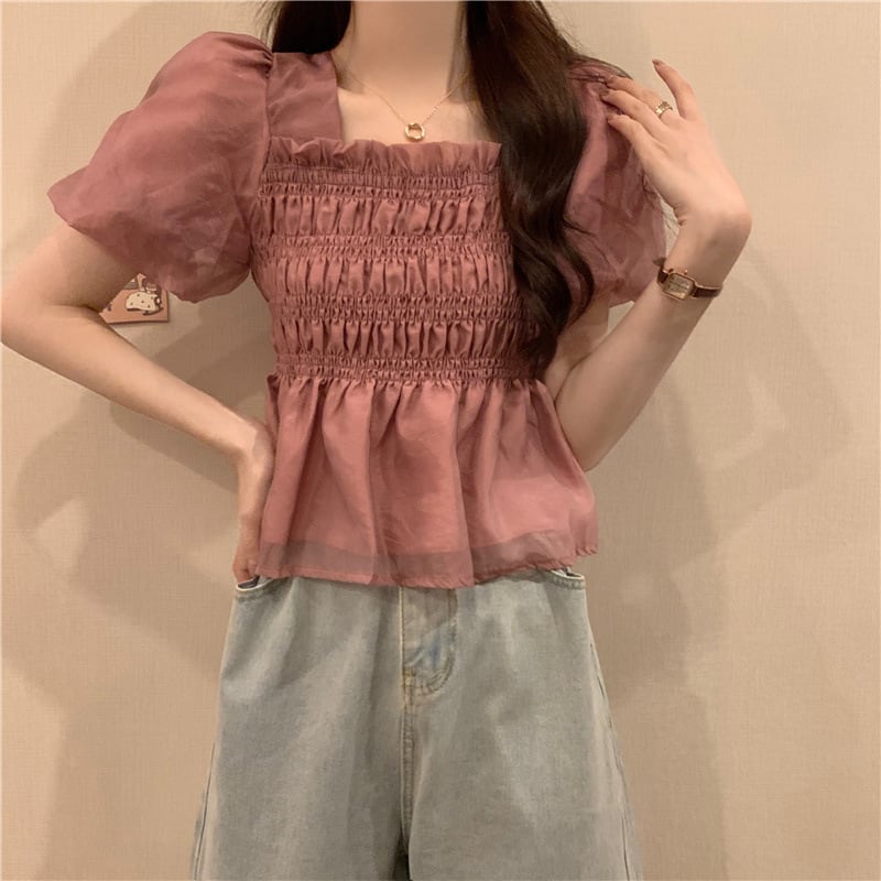 【tops】スクェアネックギャザーブラウスF7543