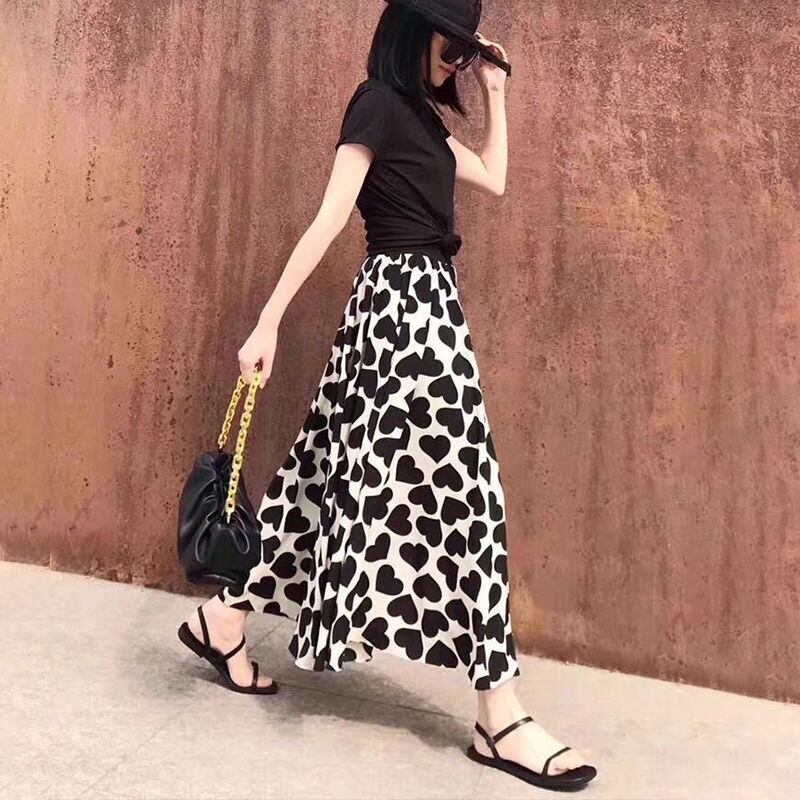 【bottoms】ハート柄Aライン花柄レディースファッションOL通勤ミッドウエストスカート