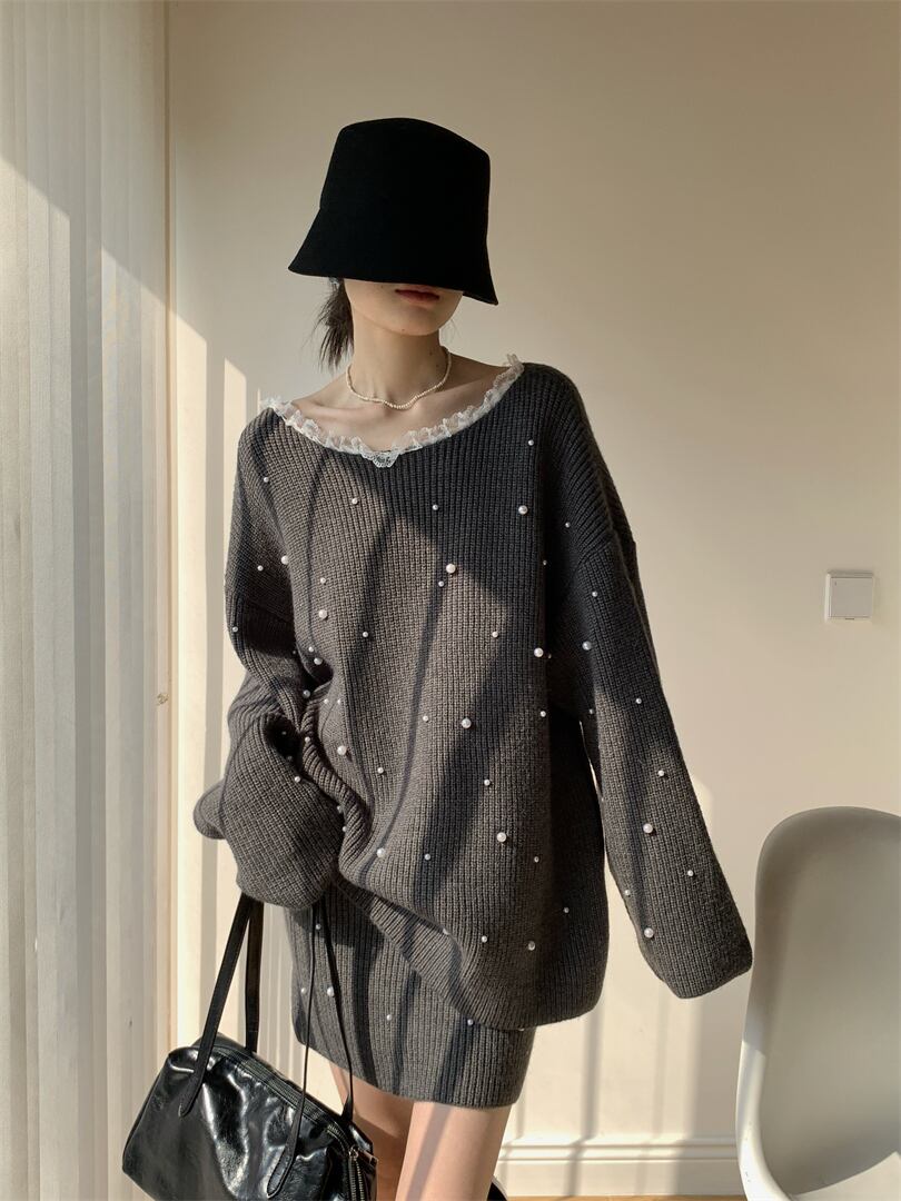 【set】パール付きニットトップス×ミニスカートセット Q7544