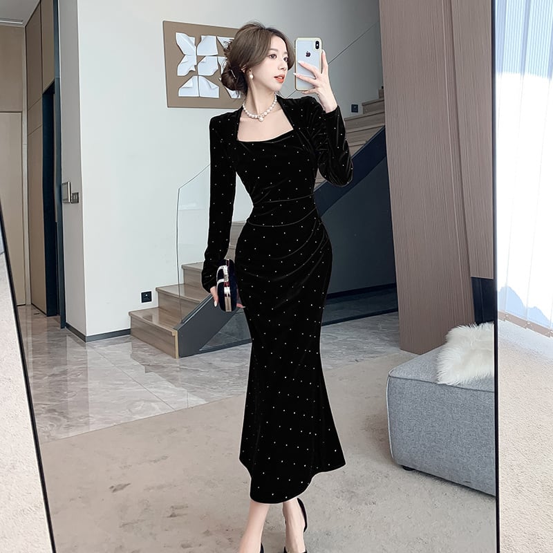 【dress】ラインストーン付きマーメイドワンピース Q6905