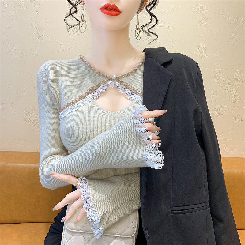 【tops】ビジューレース切り替えニットトップス　M27966