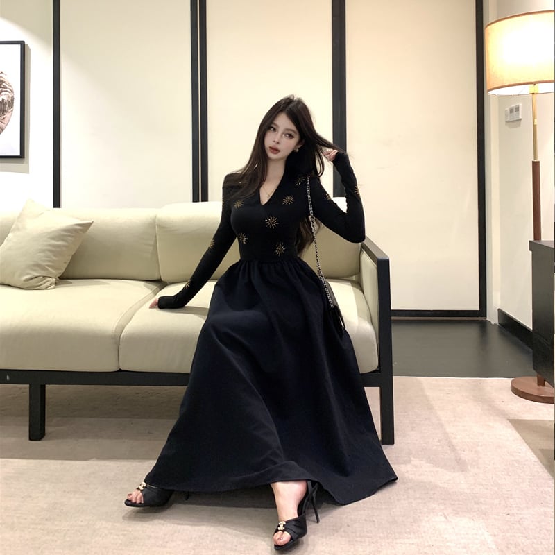 【dress】Ｖネックロングワンピース Q7113