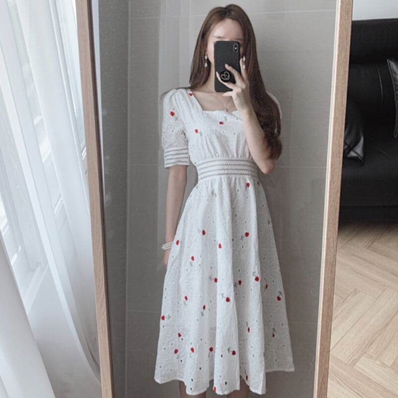 【dress】気質スウィート刺繍着痩せスクエアネック透かし彫りパフスリーブ花柄配色ワンピースF0035