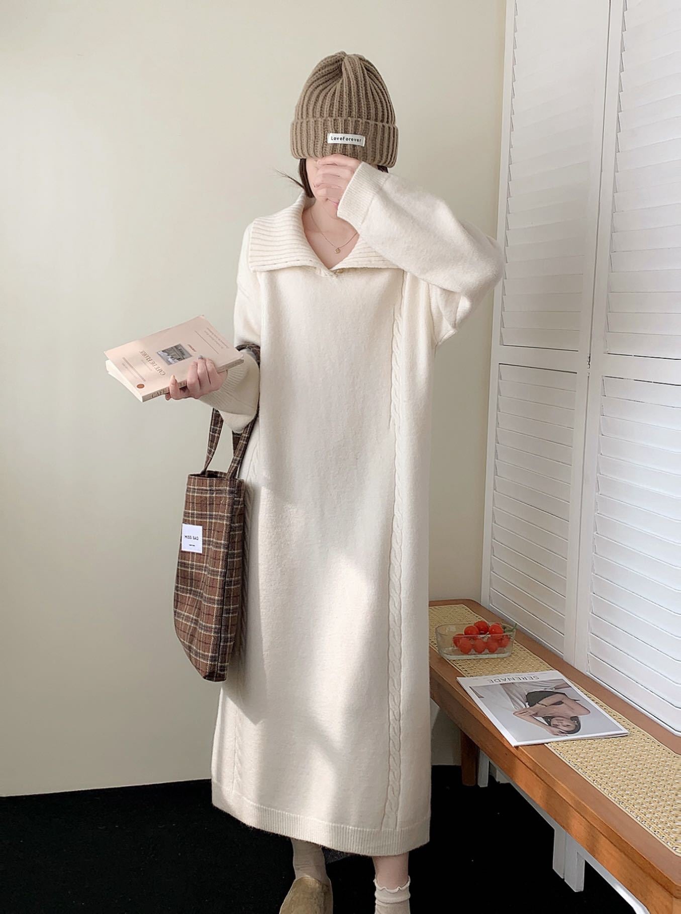 【dress】折り襟ロングニットワンピース Q7771