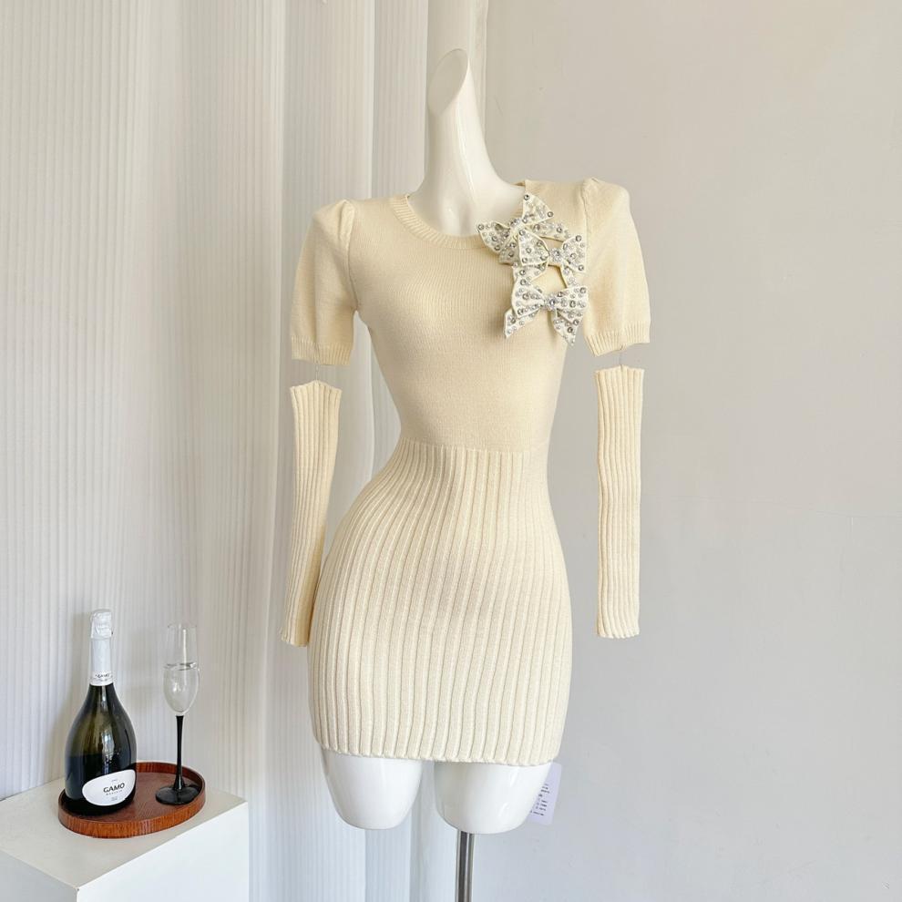 【dress】パールリボン付きニットワンピースアームカバー付き　M27726