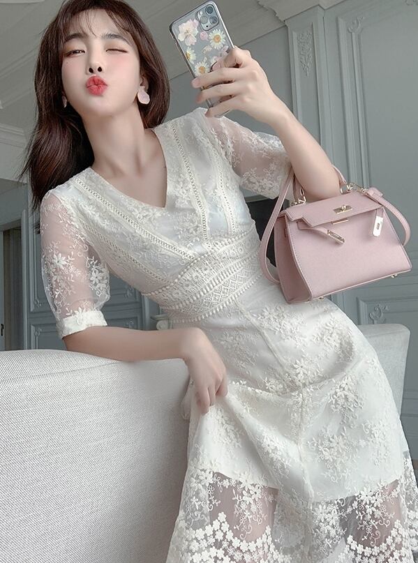 【dress】美人度アップ!気質満点レーススウィート夏 着痩せワンピース G0547