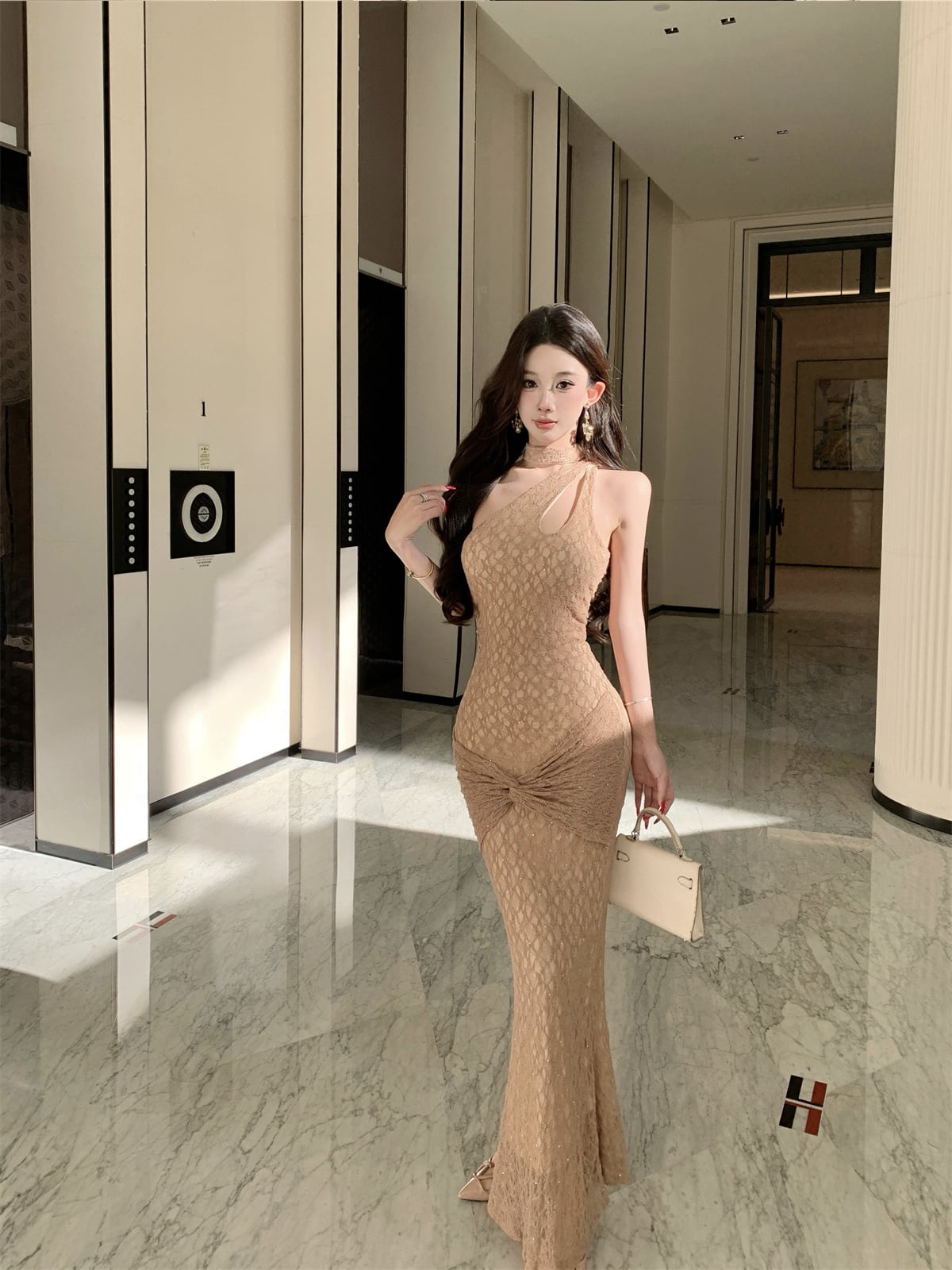 【dress】ワンショルダーレースロングワンピース Q7877