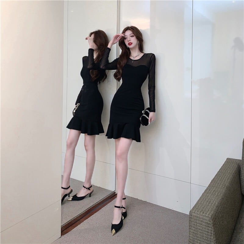 【dress】メッシュ切り替えマーメイドワンピース G20694