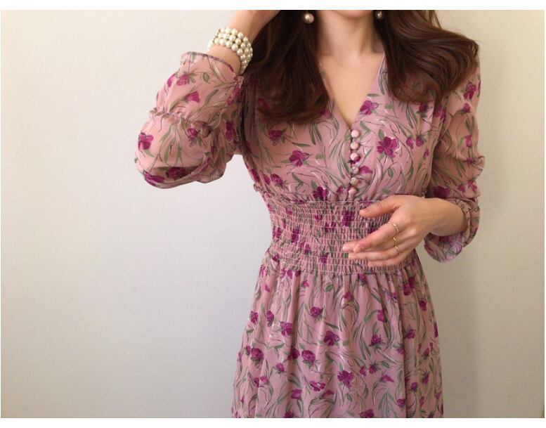 【dress】優しい雰囲気!エレガント気質満点スウィート 韓国系シフォン花柄ワンピース G1785