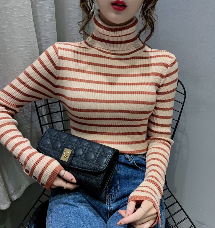 【tops】一目惚れ！4色ハイネック長袖体型カバーボーダー柄ファッションニットセーターF1046