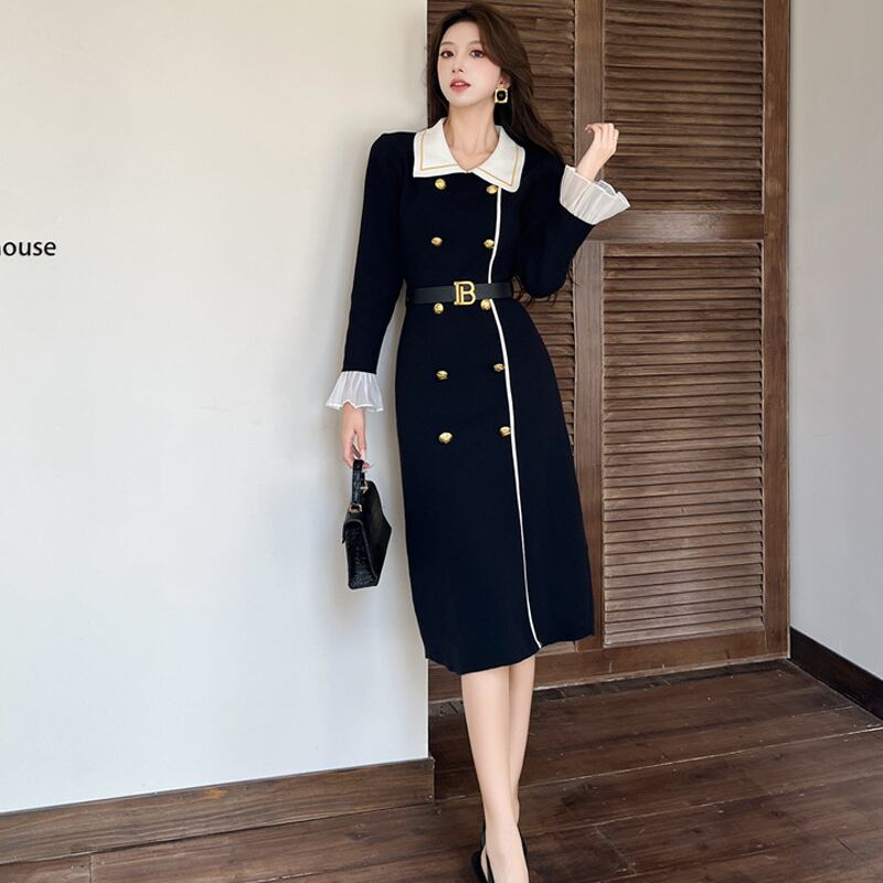 【dress】レースドッキングニットワンピース Q7584