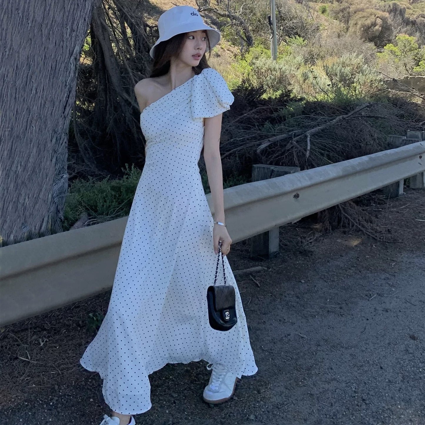 【dress】ワンショルダーリボンドット柄ワンピース　N3045