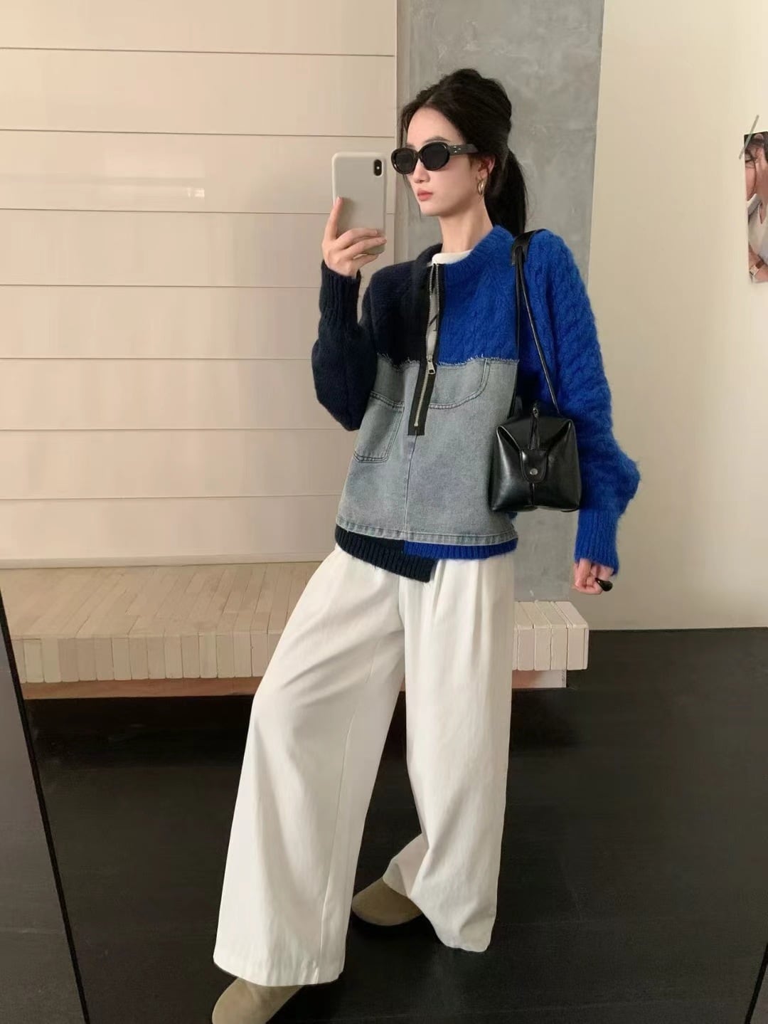 【tops】デニム切り替えニットトップス　N3288