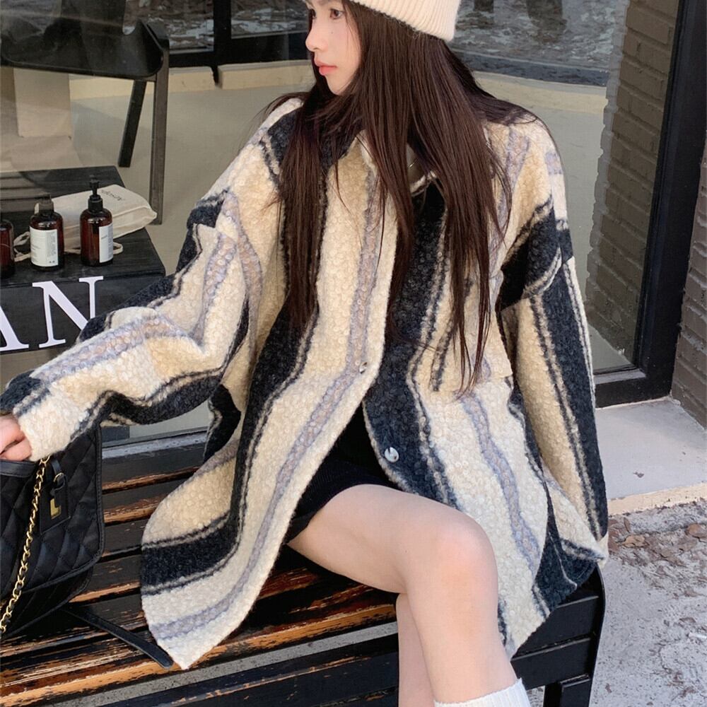 【outer】ストライプ柄配色コート　M27366