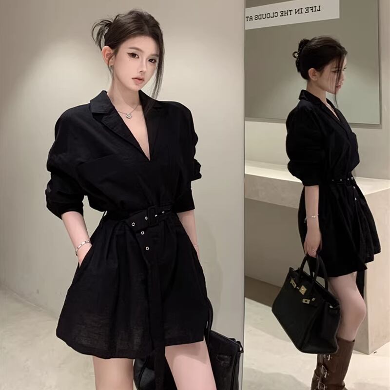 【dress】ベルト付きミニシャツワンピース Q8383