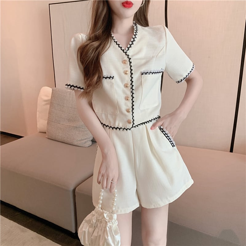 【set】半袖ブラウス+ギャザーショートパンツ２点セット F7361