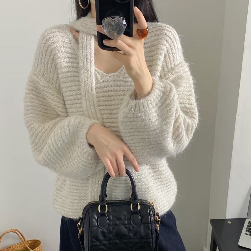 【tops】スカーフ付きニットトップス Q7165