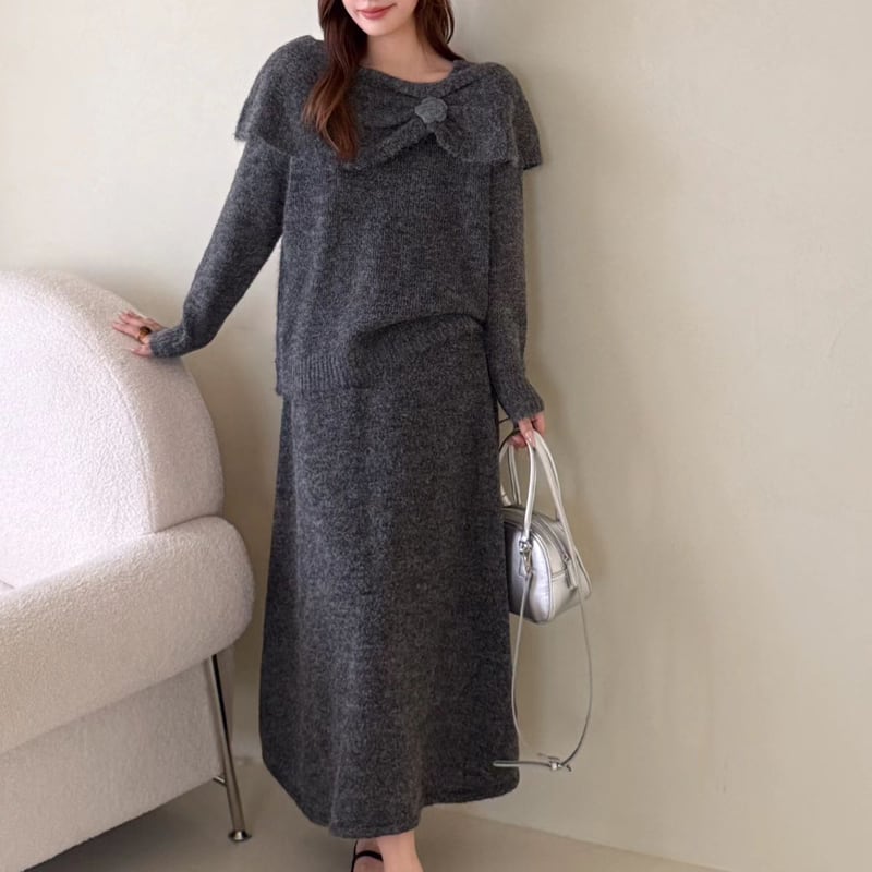 【set】ビッグカラーニットトップス×ロングスカートセット Q6955
