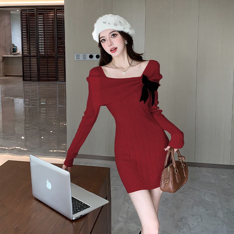 【dress】リボン付きニットワンピース　M28330