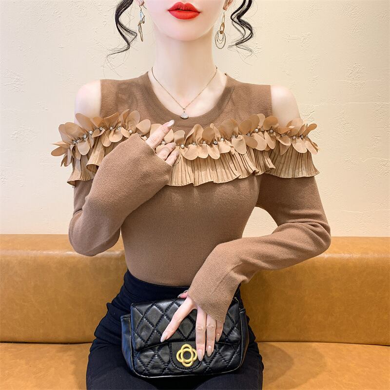 【tops】フリルオフショルダーニットトップス　M27519