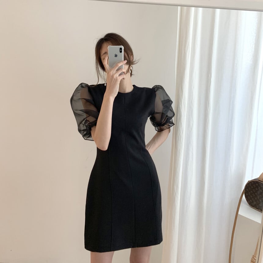 【dress】チュールスリーブ切り替えワンピース　M23986