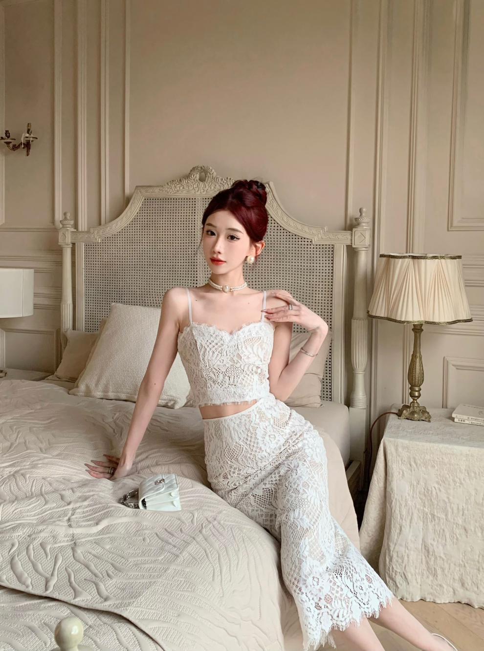 【set】不規則レーストップス+スカート２点セットG21119