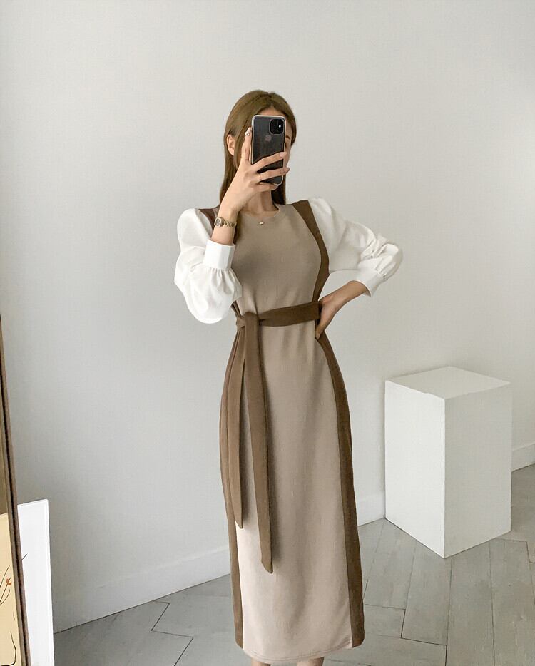 【dress】韓流スタイル!気質満点レトロINS風切り替えニットAラインパフスリーブワンピース G2949