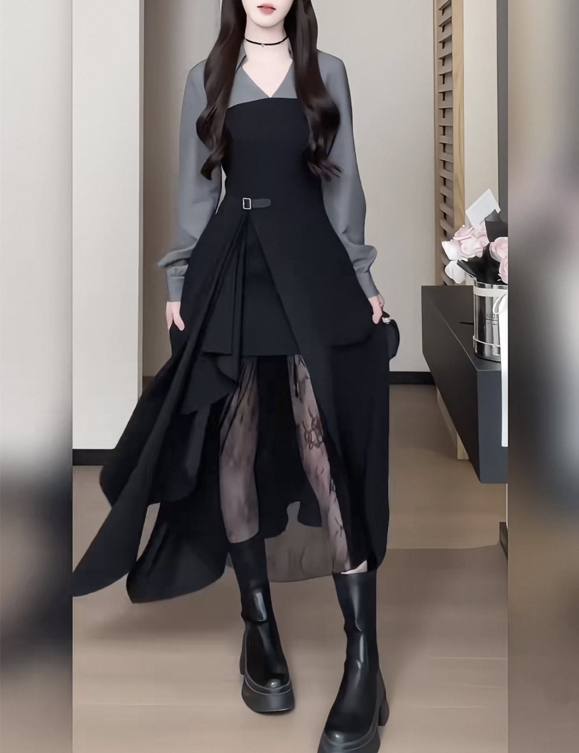 【dress】レースドッキングイレヘムワンピース　N3296