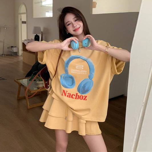 【set】ラウンドネックプリントTシャツ+スカート２点セットG21374