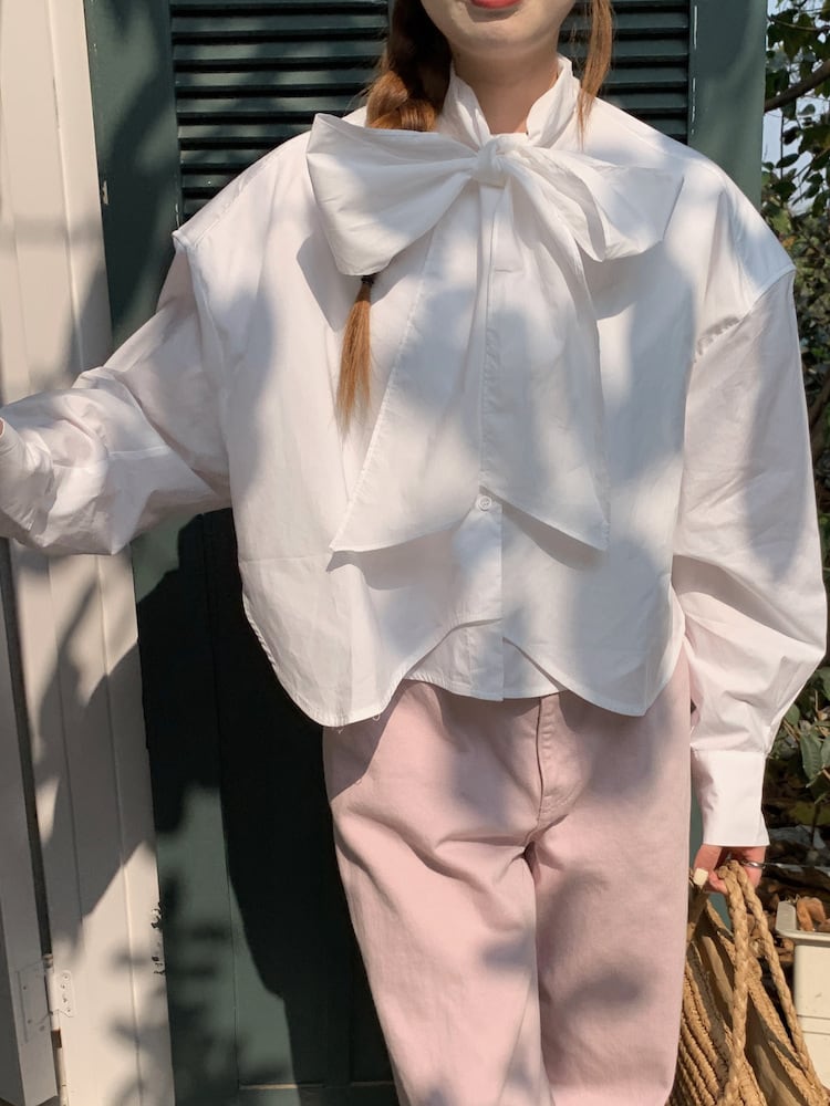 【tops】リボン付きシャツブラウス　M29818