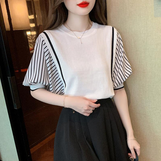 【tops】ラウンドネックストライプ柄ＴシャツF7347