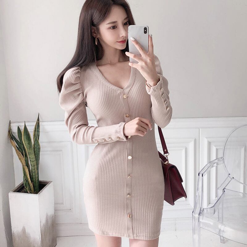 【dress】好感度UP!気質満点レトロ秋冬Vネック体型カバーお洒落ニットワンピース G2420