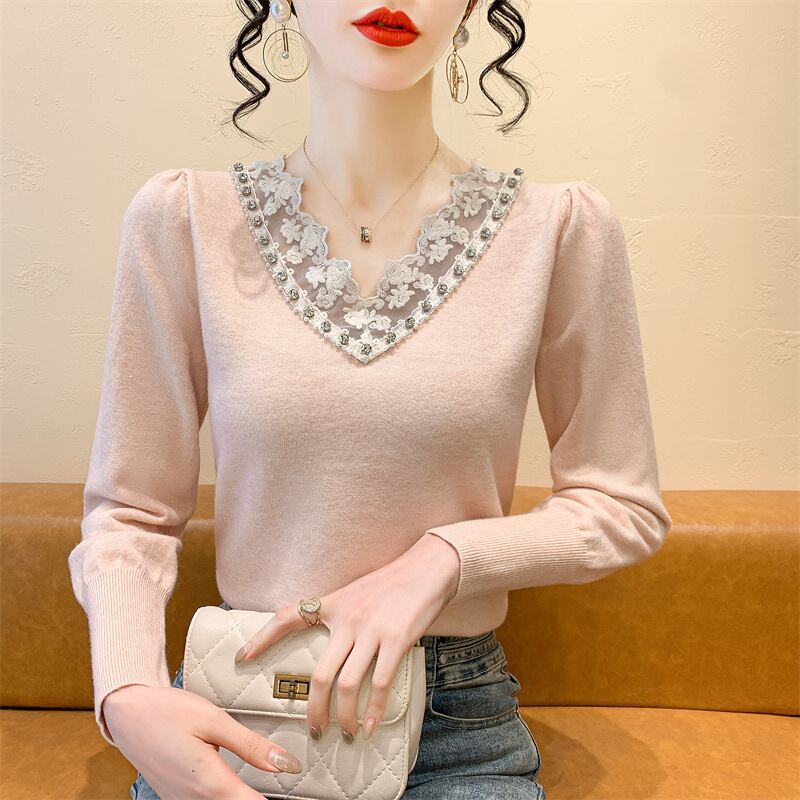 【tops】Vネックレース切り替えニットトップス　M28260