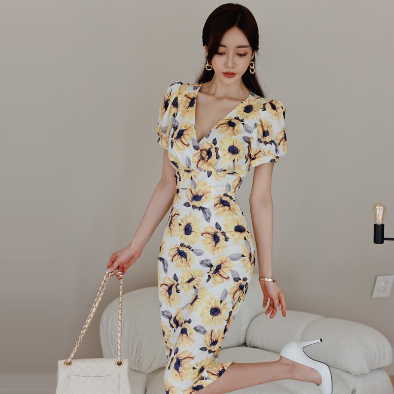 【dress】Vネック花柄パフスリーブワンピース G21005