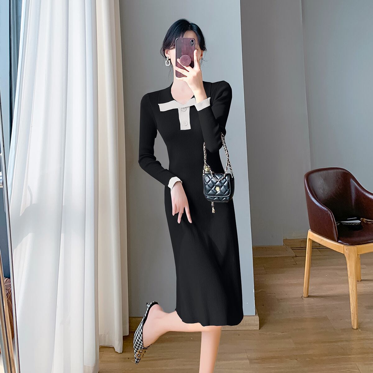 【dress】折り襟ニットワンピース　M18990
