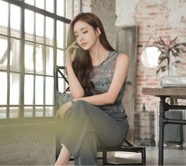 【set】美人度アップ!レース洋気切り替えノースリーブハイウエストオールインワン G0426