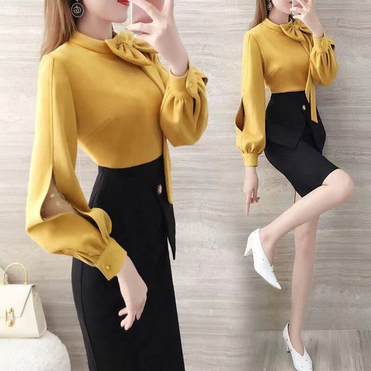 【dress】話題沸騰中OL通勤蝶々結び長袖韓国ファッション着やせ気質淑女タイトワンピースF1524