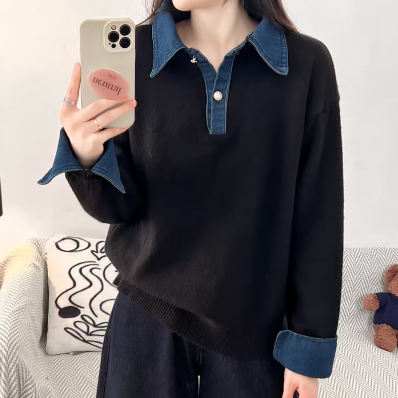 【tops】デニムドッキングニットトップス Q7216