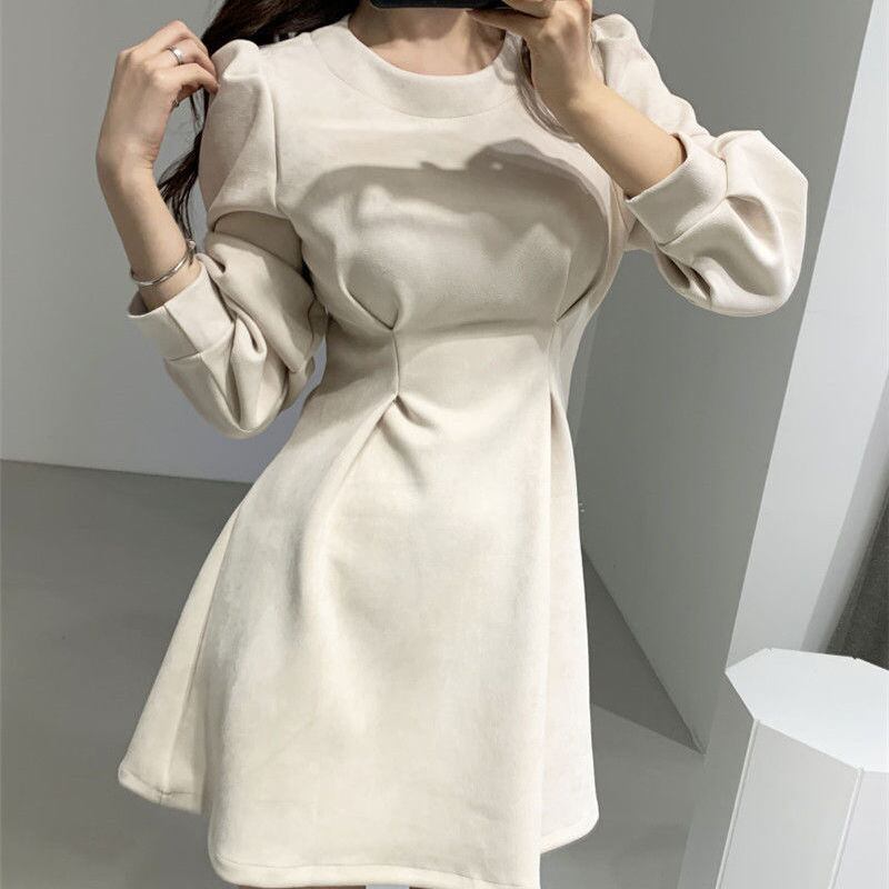 【dress】オシャレ度満点〜2色長袖ラウンドネックAライン韓国ファッション無地秋冬新作ワンピースF0786