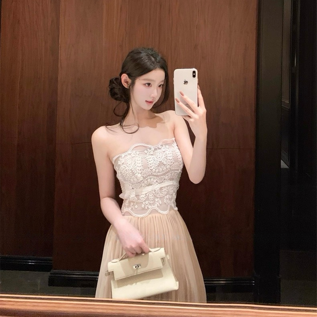 【dress】レースドッキングプリーツロングワンピース N3526
