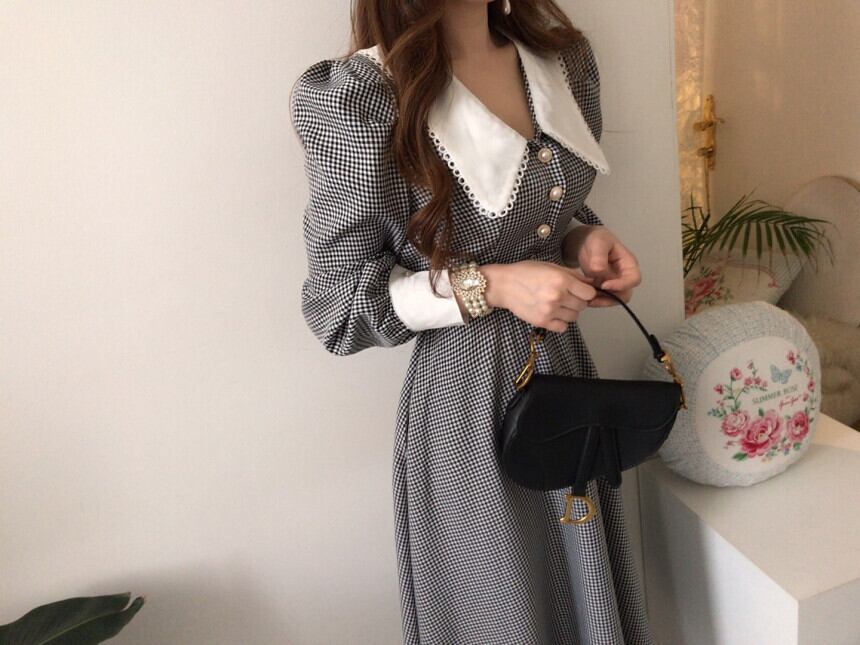 【dress】秋高級感 気質満点ドールカラーフランス風チェック柄ワンピース G1784