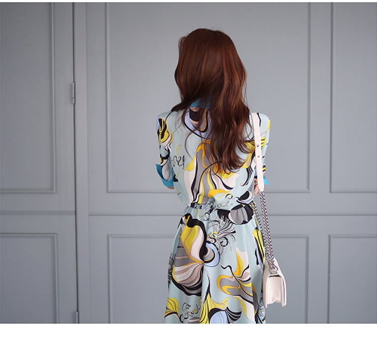 【dress】韓国風気質満点ファッション折り襟不規則 プリントワンピース G0398