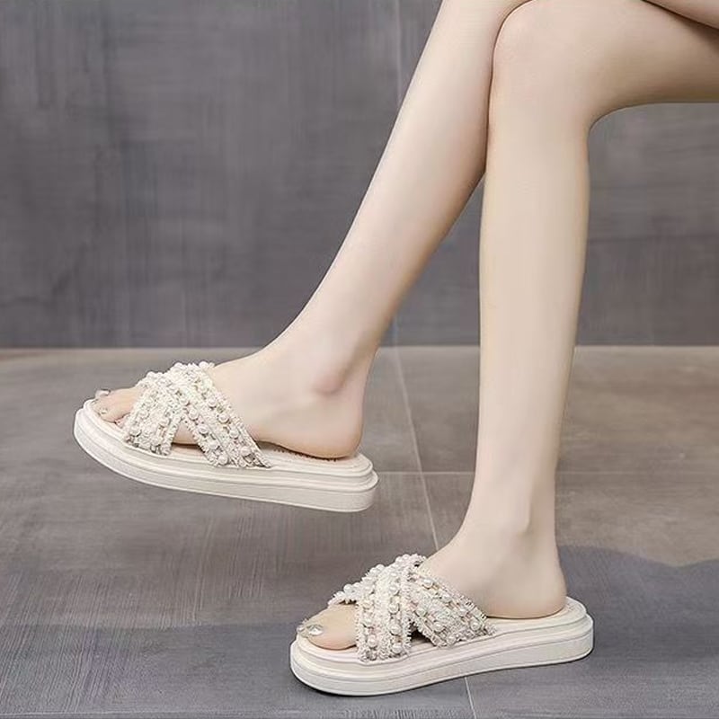 【Shoes】パール付きサンダル Q8427