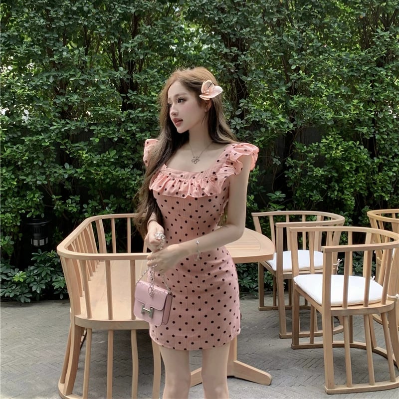 【dress】ギャザーフリルドット柄ミニワンピース Q8510