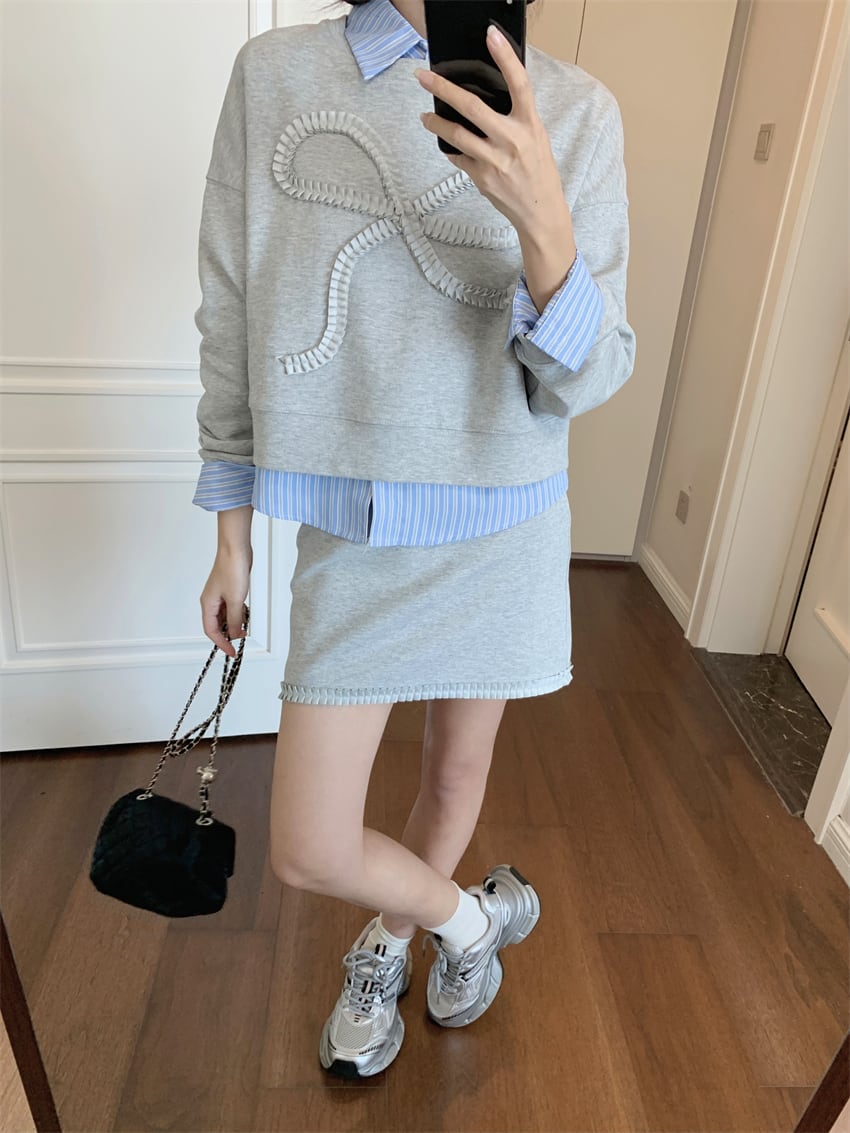 【set】ストライプ柄シャツ×リボンプルオーバー×スカート3点セット    N2733