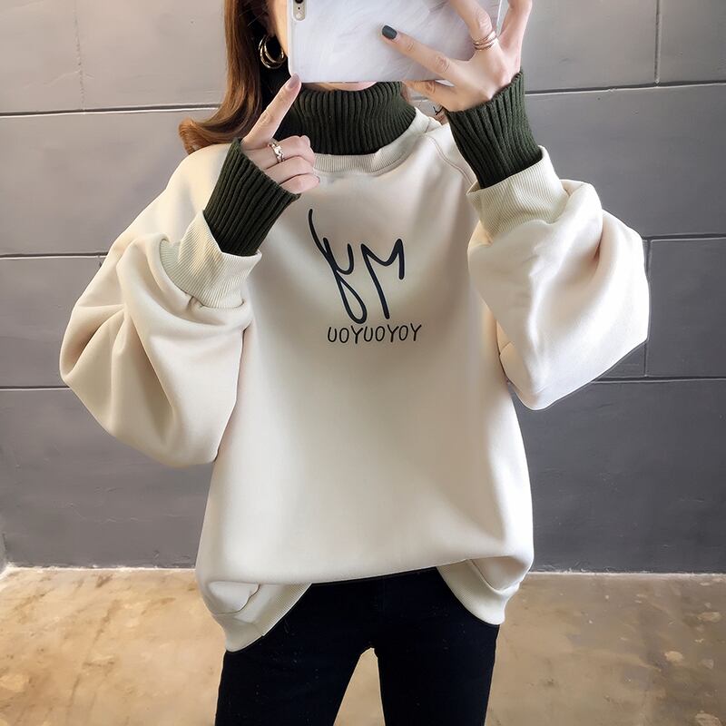 【tops】店長推薦秋冬新作2色ハイネック長袖英字柄配色ゆったり切り替え着回しパーカーF0904