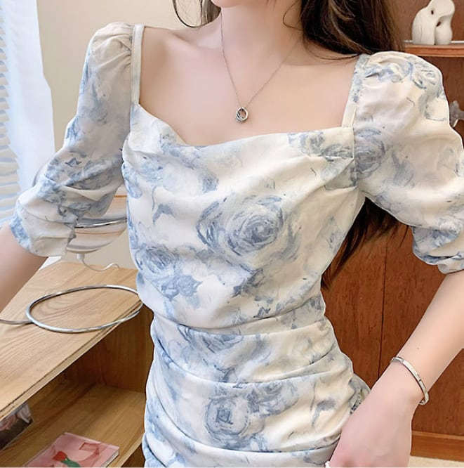 【dress】細身効果抜群♪スクエアネック5分袖花柄配色スリット韓国ファッションギャザーワンピースF2797