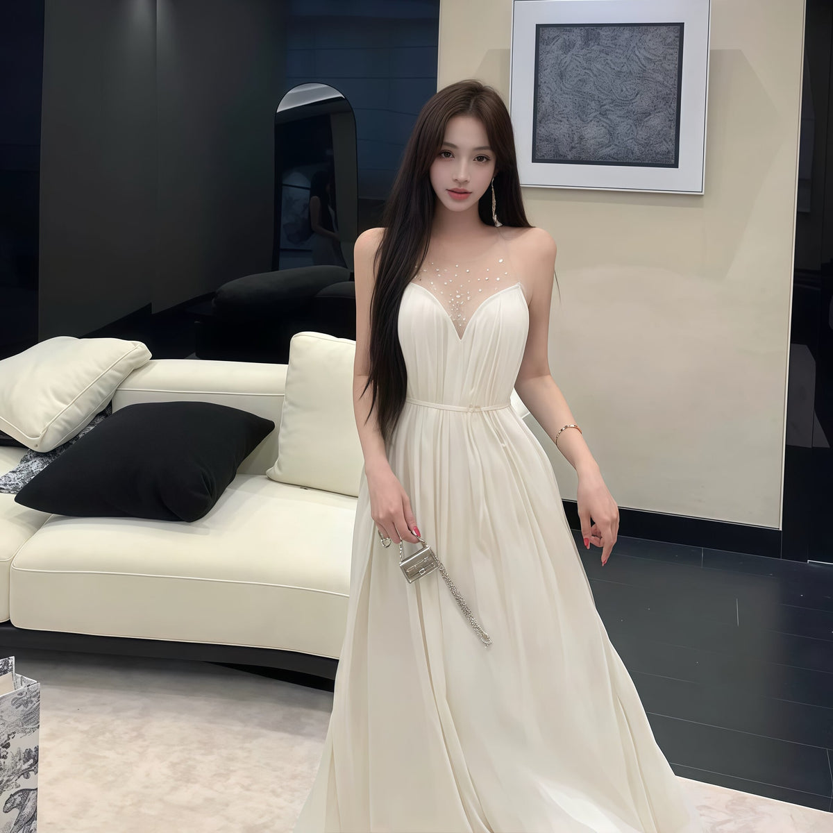【dress】ラインストーン付きチュールドッキングロングワンピース Q8377
